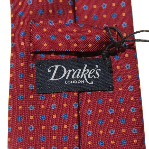 Drake's NWT Neck Tie in Red w/ Blue & Yellow Floral / Square Pattern 100% Silk